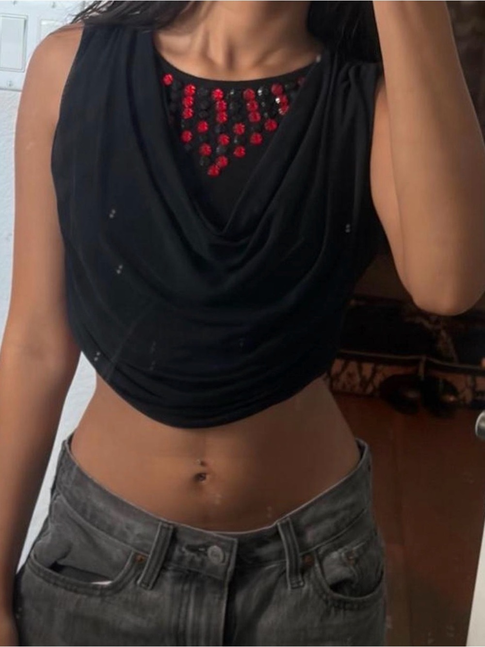 Women’s Black Draped Crop Top with Red Sequin Accent